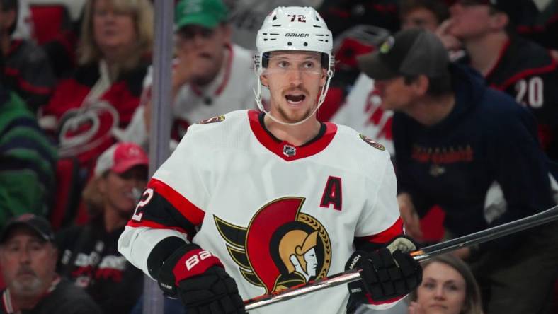 Oct 11, 2023; Raleigh, North Carolina, USA;  Ottawa Senators defenseman Thomas Chabot (72) reacts against the Carolina Hurricanes during the second period at PNC Arena. Mandatory Credit: James Guillory-USA TODAY Sports