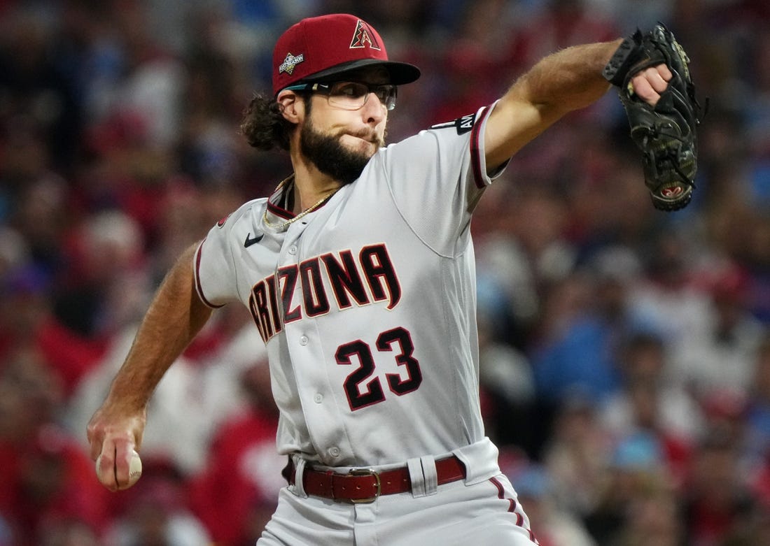 Arizona Diamondbacks Zac Gallen (23) pitches against the Philadelphia Phillies during their NLCS game at Citizens Bank Park in Philadelphia on Oct. 16, 2023.