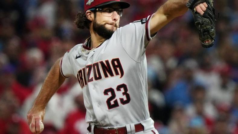 Arizona Diamondbacks Zac Gallen (23) pitches against the Philadelphia Phillies during their NLCS game at Citizens Bank Park in Philadelphia on Oct. 16, 2023.