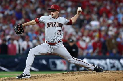 Oct 17, 2023; Philadelphia, Pennsylvania, USA; Arizona Diamondbacks relief pitcher Joe Mantiply (35) throws a pitch against the Philadelphia Phillies in the sixth inning for game two of the NLCS for the 2023 MLB playoffs at Citizens Bank Park. Mandatory Credit: Bill Streicher-USA TODAY Sports