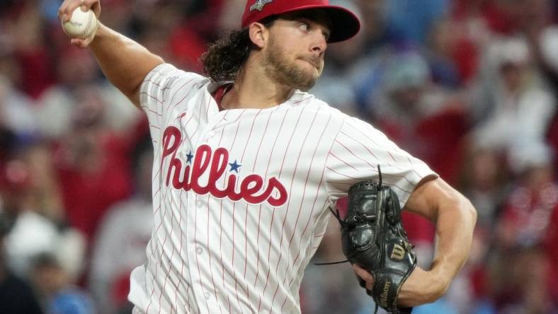 Philadelphia Phillies starting pitcher Aaron Nola (27) throws to the Arizona Diamondbacks in the sixth inning during Game 2 of the NLCS at Citizens Bank Park in Philadelphia on Oct. 17, 2023.