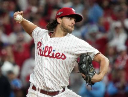Philadelphia Phillies starting pitcher Aaron Nola (27) throws to the Arizona Diamondbacks in the sixth inning during Game 2 of the NLCS at Citizens Bank Park in Philadelphia on Oct. 17, 2023.