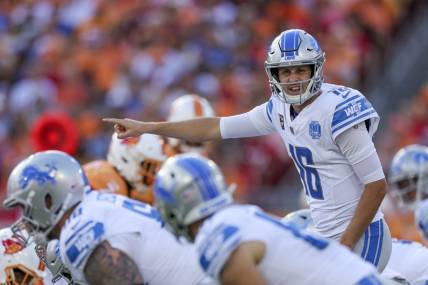 Oct 15, 2023; Tampa, Florida, USA;  Detroit Lions quarterback Jared Goff (16) calls a play at the line against the Tampa Bay Buccaneers in the first quarter at Raymond James Stadium. Mandatory Credit: Nathan Ray Seebeck-USA TODAY Sports