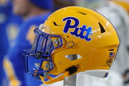 Oct 14, 2023; Pittsburgh, Pennsylvania, USA;  A Pittsburgh Panthers helmet on the sidelines against the Louisville Cardinals during the fourth quarter at Acrisure Stadium. Mandatory Credit: Charles LeClaire-USA TODAY Sports
