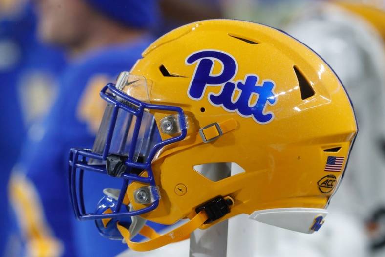 Oct 14, 2023; Pittsburgh, Pennsylvania, USA;  A Pittsburgh Panthers helmet on the sidelines against the Louisville Cardinals during the fourth quarter at Acrisure Stadium. Mandatory Credit: Charles LeClaire-USA TODAY Sports