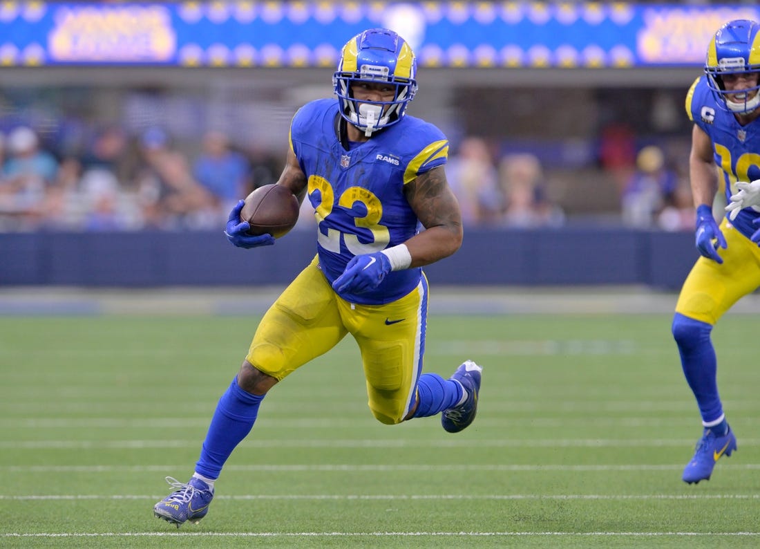 Oct 15, 2023; Inglewood, California, USA; Los Angeles Rams running back Kyren Williams (23) runs against the Arizona Cardinals during the second half at SoFi Stadium. Mandatory Credit: Alex Gallardo-USA TODAY Sports