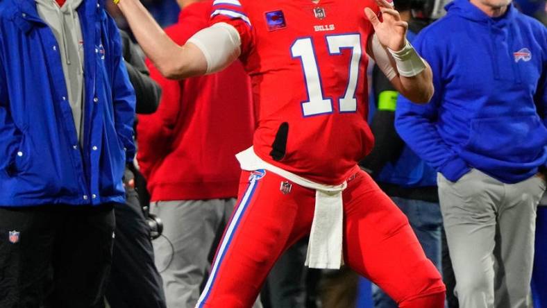 Oct 15, 2023; Orchard Park, New York, USA; Buffalo Bills quarterback Josh Allen (17) warms up prior to the game against the New York Giants at Highmark Stadium. Mandatory Credit: Gregory Fisher-USA TODAY Sports