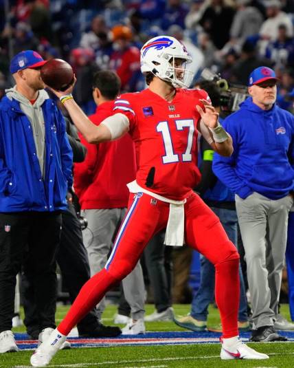 Oct 15, 2023; Orchard Park, New York, USA; Buffalo Bills quarterback Josh Allen (17) warms up prior to the game against the New York Giants at Highmark Stadium. Mandatory Credit: Gregory Fisher-USA TODAY Sports