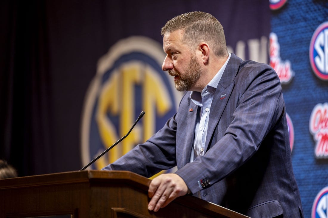 Oct 18, 2023; Brimingham, AL, USA; Mississippi Rebels head coach Chris Beard talks with the media during the SEC Basketball Tipoff at Grand Bohemian Hotel Mountain Brook. Mandatory Credit: Vasha Hunt-USA TODAY Sports