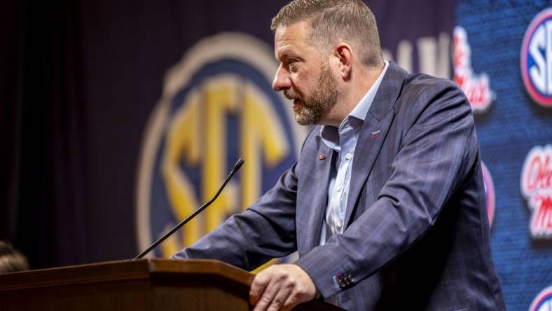 Oct 18, 2023; Brimingham, AL, USA; Mississippi Rebels head coach Chris Beard talks with the media during the SEC Basketball Tipoff at Grand Bohemian Hotel Mountain Brook. Mandatory Credit: Vasha Hunt-USA TODAY Sports