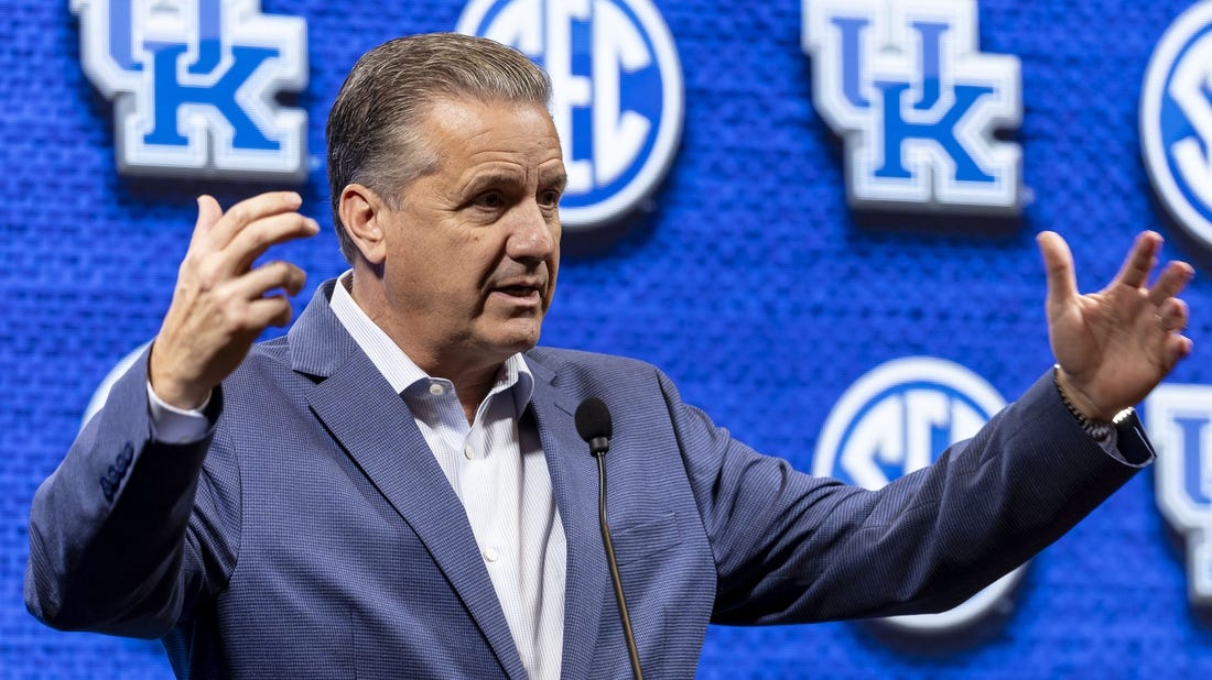 Oct 18, 2023; Brimingham, AL, USA; Kentucky Wildcats head coach John Calipari talks with the media during the SEC Basketball Tipoff at Grand Bohemian Hotel Mountain Brook. Mandatory Credit: Vasha Hunt-USA TODAY Sports