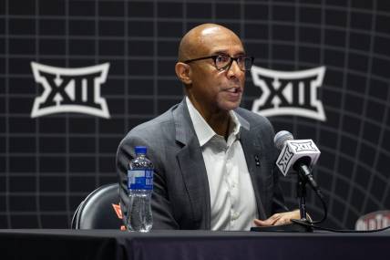 Oct 18, Kansas City, MO, USA; University of Central Florida head coach Johnny Dawkins answers questions at the Big 12 Men s Basketball Tipoff at T-Mobile Center. Mandatory Credit: Kylie Graham-USA TODAY Sports