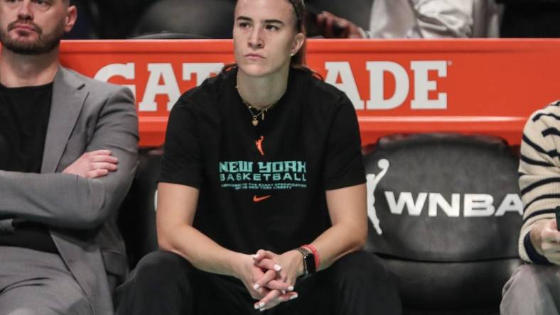 Oct 18, 2023; Brooklyn, New York, USA; New York Liberty guard Sabrina Ionescu (20) during pregame warmups prior to game four of the 2023 WNBA Finals at Barclays Center. Mandatory Credit: Wendell Cruz-USA TODAY Sports