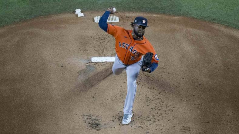 Oct 18, 2023; Arlington, Texas, USA; Houston Astros starting pitcher Cristian Javier (53) pitches during the game between the Texas Rangers and the Houston Astros during game three of the ALCS for the 2023 MLB playoffs at Globe Life Field. Mandatory Credit: Jerome Miron-USA TODAY Sports