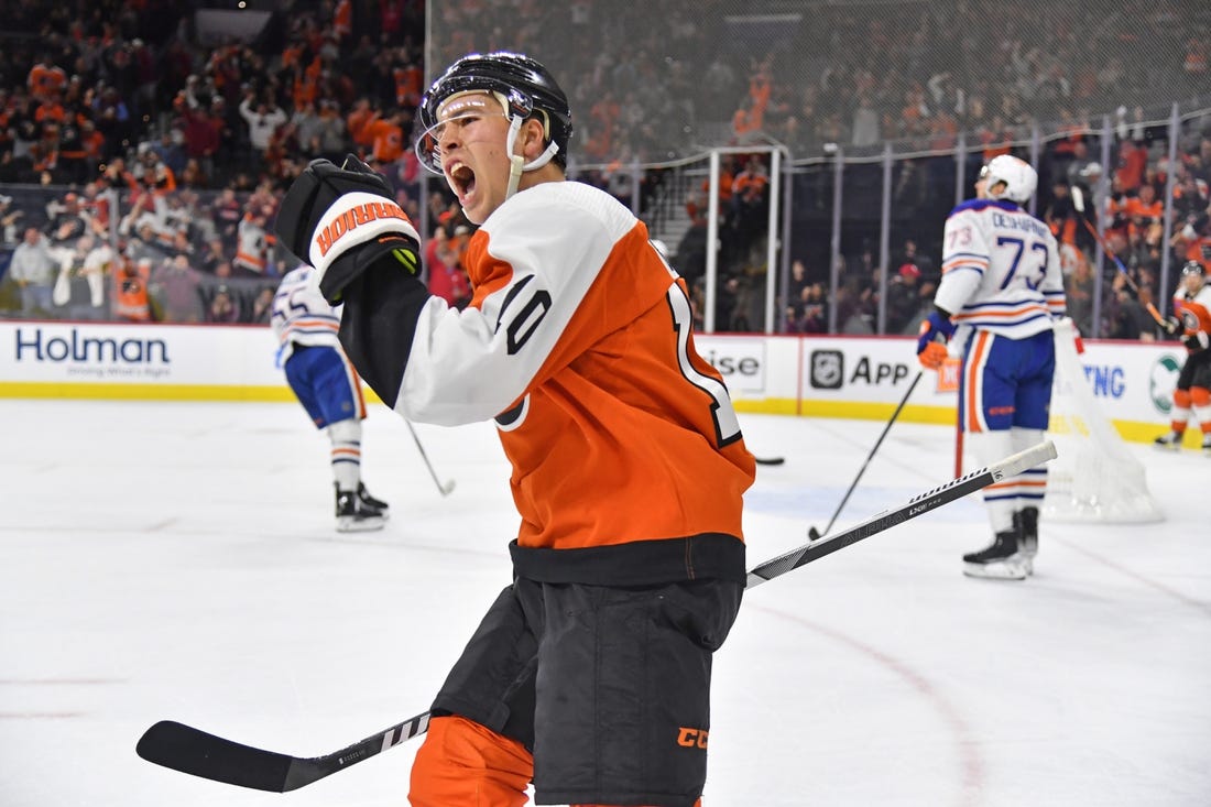 Oct 19, 2023; Philadelphia, Pennsylvania, USA; Philadelphia Flyers right wing Bobby Brink (10) celebrates goal by left wing Joel Farabee (86) (not pictured) against the Edmonton Oilers during the first period at Wells Fargo Center. Mandatory Credit: Eric Hartline-USA TODAY Sports