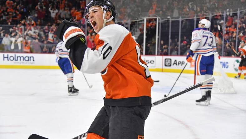 Oct 19, 2023; Philadelphia, Pennsylvania, USA; Philadelphia Flyers right wing Bobby Brink (10) celebrates goal by left wing Joel Farabee (86) (not pictured) against the Edmonton Oilers during the first period at Wells Fargo Center. Mandatory Credit: Eric Hartline-USA TODAY Sports