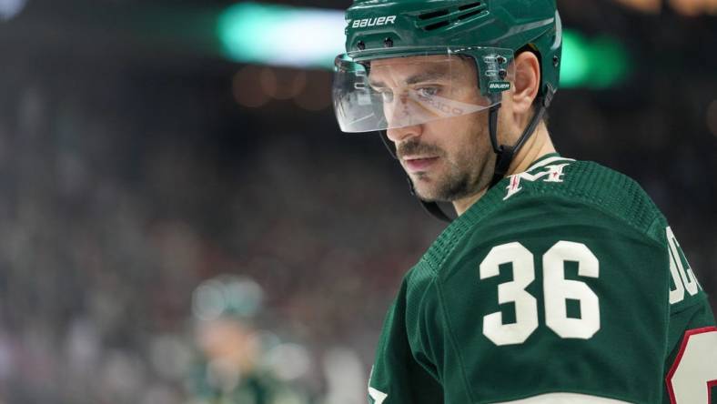 Oct 19, 2023; Saint Paul, Minnesota, USA; Minnesota Wild right wing Mats Zuccarello (36) in action against the Minnesota Wild in the first period at Xcel Energy Center. Mandatory Credit: Matt Blewett-USA TODAY Sports