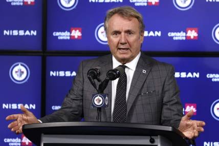 Oct 19, 2023; Winnipeg, Manitoba, CAN; Winnipeg Jets head coach Rick Bowness talks to the media after a game against the Vegas Golden Knights at Canada Life Centre. Mandatory Credit: James Carey Lauder-USA TODAY Sports