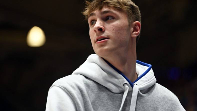 Oct 20, 2023; Durham, NC, USA; Duke Blue Devils recruit Cooper Flagg during Countdown to Craziness at Cameron Indoor Stadium. Mandatory Credit: Rob Kinnan-USA TODAY Sports