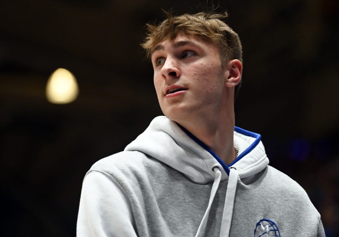 Oct 20, 2023; Durham, NC, USA; Duke Blue Devils recruit Cooper Flagg during Countdown to Craziness at Cameron Indoor Stadium. Mandatory Credit: Rob Kinnan-USA TODAY Sports