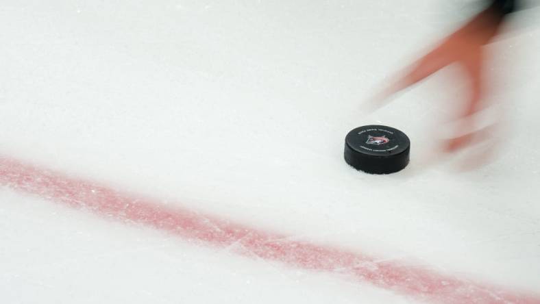 Oct 20, 2023; Columbus, Ohio, USA;  NHL referee Peter MacDougall (38) grabs the puck off the ice during the game between the Calgary Flames and the Columbus Blue Jackets in the first period at Nationwide Arena. Mandatory Credit: Aaron Doster-USA TODAY Sports