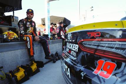 Oct 21, 2023; Homestead, Florida, USA; NASCAR Cup Series driver Martin Truex Jr (19) during practice for the 4EVER 400 presented by Mobil 1 at Homestead-Miami Speedway. Mandatory Credit: Jasen Vinlove-USA TODAY Sports