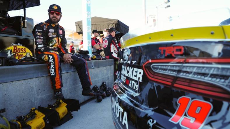 Oct 21, 2023; Homestead, Florida, USA; NASCAR Cup Series driver Martin Truex Jr (19) during practice for the 4EVER 400 presented by Mobil 1 at Homestead-Miami Speedway. Mandatory Credit: Jasen Vinlove-USA TODAY Sports