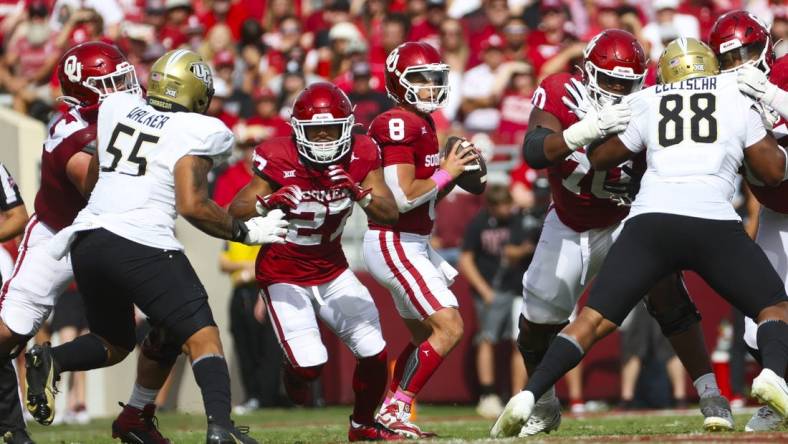 Oct 21, 2023; Norman, Oklahoma, USA;  Oklahoma Sooners quarterback Dillon Gabriel (8) throws during the second quarter against the UCF Knights at Gaylord Family-Oklahoma Memorial Stadium. Mandatory Credit: Kevin Jairaj-USA TODAY Sports