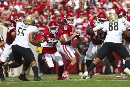 Oct 21, 2023; Norman, Oklahoma, USA;  Oklahoma Sooners quarterback Dillon Gabriel (8) throws during the second quarter against the UCF Knights at Gaylord Family-Oklahoma Memorial Stadium. Mandatory Credit: Kevin Jairaj-USA TODAY Sports