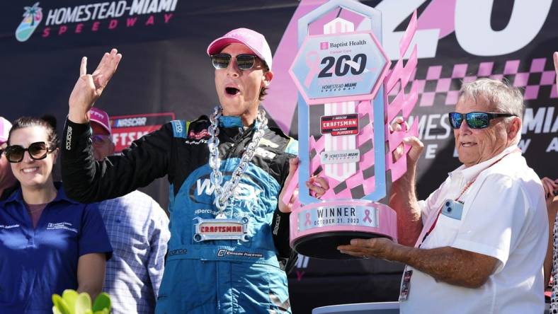 Oct 21, 2023; Homestead, Florida, USA; NASCAR Craftsman Truck Series driver Carson Hocevar (42) celebrates after winning the Baptist Health Cancer Care 200 at Homestead-Miami Speedway. Mandatory Credit: Jasen Vinlove-USA TODAY Sports