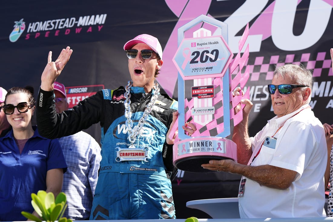 Oct 21, 2023; Homestead, Florida, USA; NASCAR Craftsman Truck Series driver Carson Hocevar (42) celebrates after winning the Baptist Health Cancer Care 200 at Homestead-Miami Speedway. Mandatory Credit: Jasen Vinlove-USA TODAY Sports