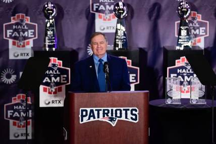 Oct 21, 2023; Foxborough, MA, USA; New England Patriots head coach Bill Belichick gives a speech at the 2023 Patriots Hall of Fame induction in the Cross Insurance Pavilion at Gillette Stadium. Mandatory Credit: Eric Canha-USA TODAY Sports