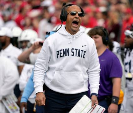 Oct 21, 2023; Columbus, Ohio, USA; Penn State Nittany Lions head coach James Franklin yells after a call against his defense during the second quarter of their game at Ohio Stadium.