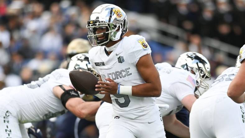 Oct 21, 2023; Annapolis, Maryland, USA;  Air Force Falcons quarterback Zac Larrier (9) drops back to the pocket during the second half against the Navy Midshipmen at Navy-Marine Corps Memorial Stadium. Mandatory Credit: Tommy Gilligan-USA TODAY Sports