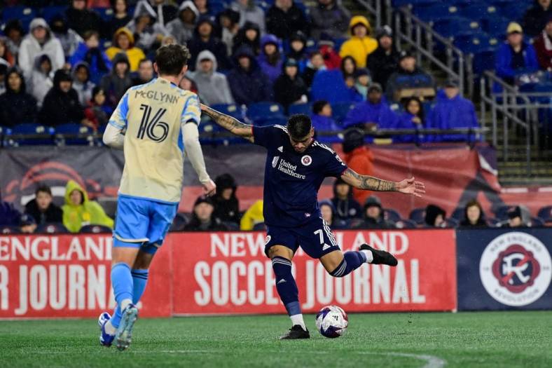 Oct 21, 2023; Foxborough, Massachusetts, USA; New England Revolution forward Gustavo Bou (7) shoots against the Philadelphia Union during the first half at Gillette Stadium. Mandatory Credit: Eric Canha-USA TODAY Sports