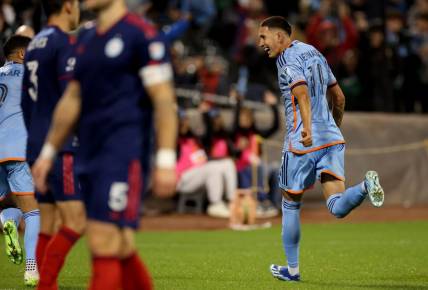 Oct 21, 2023; New York, NY, New York, NY, USA; New York City FC forward Julian Fernandez (11) reacts after scoring during the second half against the Chicago Fire at Citi Field. Mandatory Credit: Vincent Carchietta-USA TODAY Sports