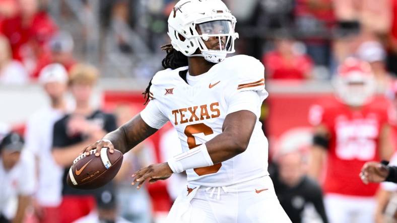 Oct 21, 2023; Houston, Texas, USA; Texas Longhorns quarterback Maalik Murphy (6) looks to pass the ball during the fourth quarter against the Houston Cougars at TDECU Stadium. Mandatory Credit: Maria Lysaker-USA TODAY Sports