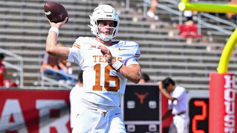 Oct 21, 2023; Houston, Texas, USA; Texas Longhorns quarterback Arch Manning (16) warms up prior to the game against the Houston Cougars at TDECU Stadium. Mandatory Credit: Maria Lysaker-USA TODAY Sports