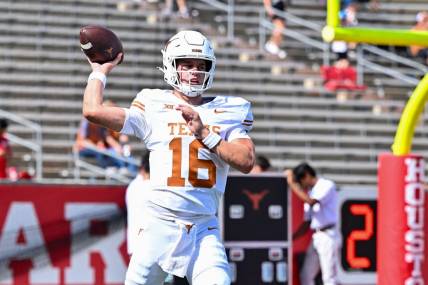 Oct 21, 2023; Houston, Texas, USA; Texas Longhorns quarterback Arch Manning (16) warms up prior to the game against the Houston Cougars at TDECU Stadium. Mandatory Credit: Maria Lysaker-USA TODAY Sports