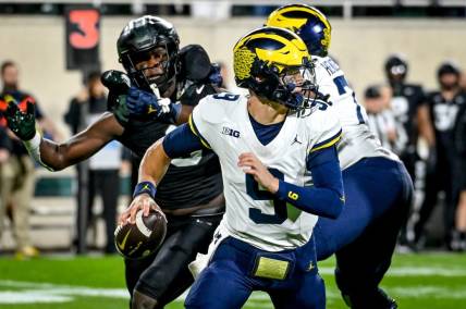 Michigan's J.J. McCarthy looks to throw against Michigan State during the first quarter on Saturday, Oct. 21, 2023, at Spartan Stadium in East Lansing.