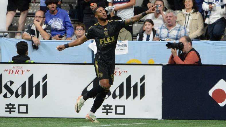 Oct 21, 2023; Vancouver, British Columbia, CAN;  Los Angeles FC forward Denis Bouanga (99) reacts after scoring against the Vancouver Whitecaps FC during the first half at BC Place. Mandatory Credit: Anne-Marie Sorvin-USA TODAY Sports