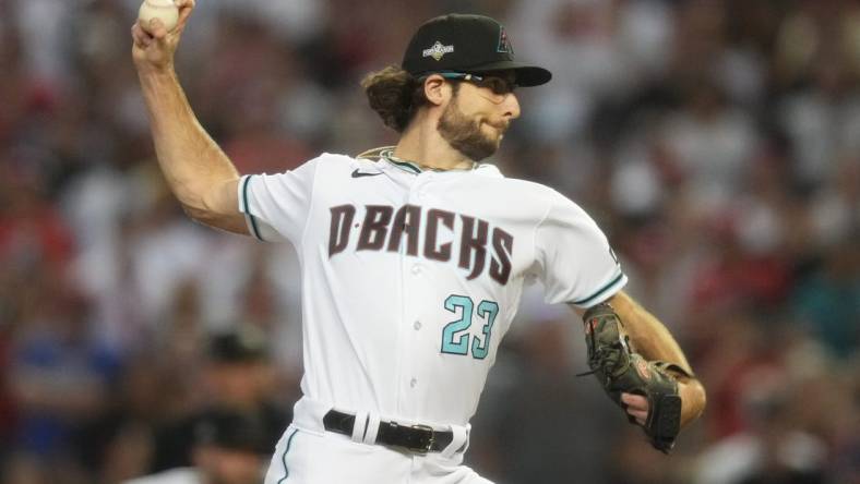 Arizona Diamondbacks pitcher Zac Gallen (23) throws a pitch in the first inning against the Philadelphia Phillies in Game 5 of the NLCS of the 2023 MLB playoffs on Oct. 21, 2023, at Chase Field in Phoenix, AZ. The Phillies beat the Diamondbacks 6-1, giving Philadelphia the overall lead of 3-2 in the NLCS playoffs.