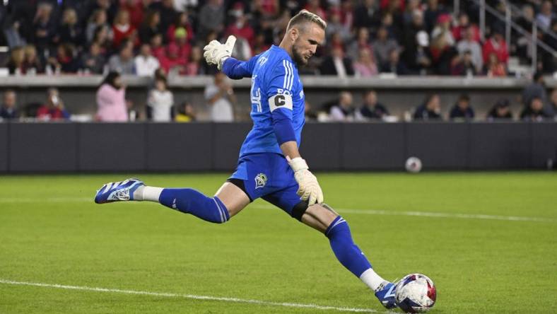 Oct 21, 2023; St. Louis, Missouri, USA; Seattle Sounders goalkeeper Stefan Frei (24) drives the ball against St. Louis City in the second half at CITYPARK. Mandatory Credit: Joe Puetz-USA TODAY Sports