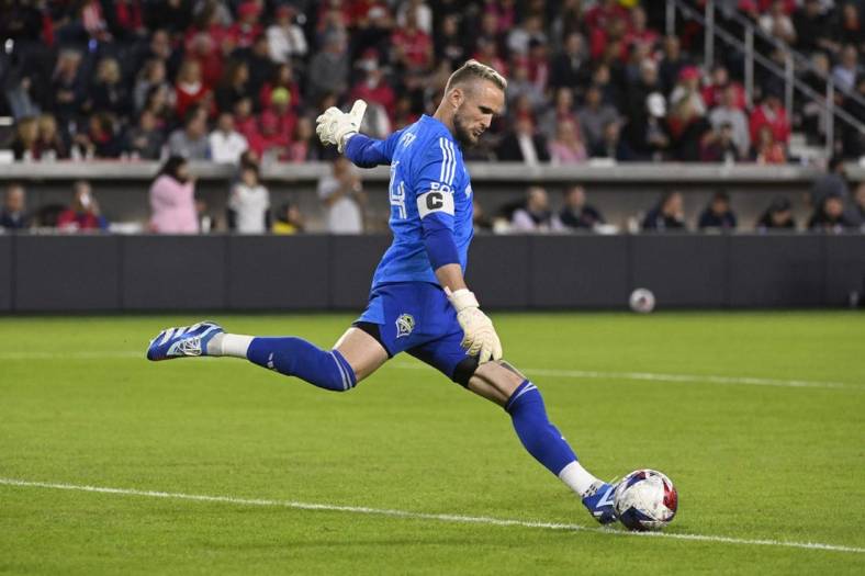 Oct 21, 2023; St. Louis, Missouri, USA; Seattle Sounders goalkeeper Stefan Frei (24) drives the ball against St. Louis City in the second half at CITYPARK. Mandatory Credit: Joe Puetz-USA TODAY Sports
