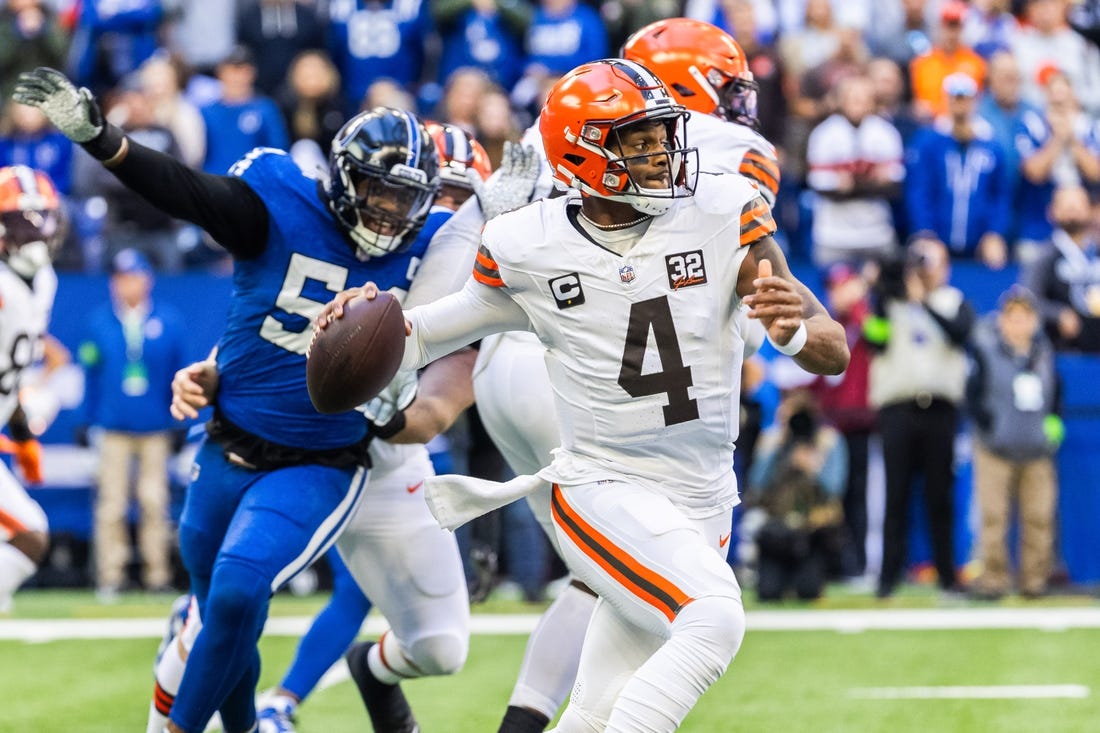 Oct 22, 2023; Indianapolis, Indiana, USA; Cleveland Browns quarterback Deshaun Watson (4) drops back to pass the ball in the first quarter against the Indianapolis Colts at Lucas Oil Stadium. Mandatory Credit: Trevor Ruszkowski-USA TODAY Sports