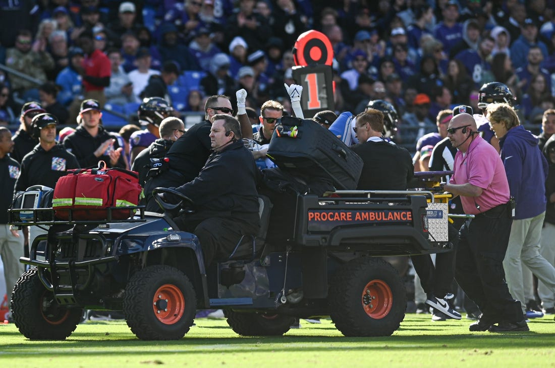 Oct 22, 2023; Baltimore, Maryland, USA;  Detroit Lions running back Mohamed Ibrahim (35) raises his hands as he is carted off the field during the second half against the Baltimore Ravens at M&T Bank Stadium. Mandatory Credit: Tommy Gilligan-USA TODAY Sports