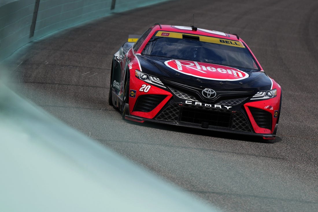 Oct 22, 2023; Homestead, Florida, USA; NASCAR Cup Series driver Christopher Bell (20) races during the 4EVER 400 presented by Mobil 1 at Homestead-Miami Speedway. Mandatory Credit: Jasen Vinlove-USA TODAY Sports