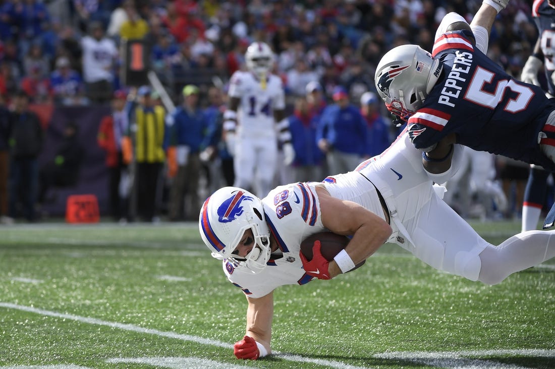 Oct 22, 2023; Foxborough, Massachusetts, USA;  New England Patriots safety Jabrill Peppers (5) tackles Buffalo Bills tight end Dawson Knox (88) during the second half at Gillette Stadium. Mandatory Credit: Bob DeChiara-USA TODAY Sports