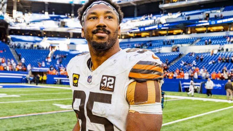 Oct 22, 2023; Indianapolis, Indiana, USA;Cleveland Browns defensive end Myles Garrett (95) walks on the field after the game against the Indianapolis Colts at Lucas Oil Stadium. Mandatory Credit: Trevor Ruszkowski-USA TODAY Sports