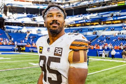 Oct 22, 2023; Indianapolis, Indiana, USA;Cleveland Browns defensive end Myles Garrett (95) walks on the field after the game against the Indianapolis Colts at Lucas Oil Stadium. Mandatory Credit: Trevor Ruszkowski-USA TODAY Sports